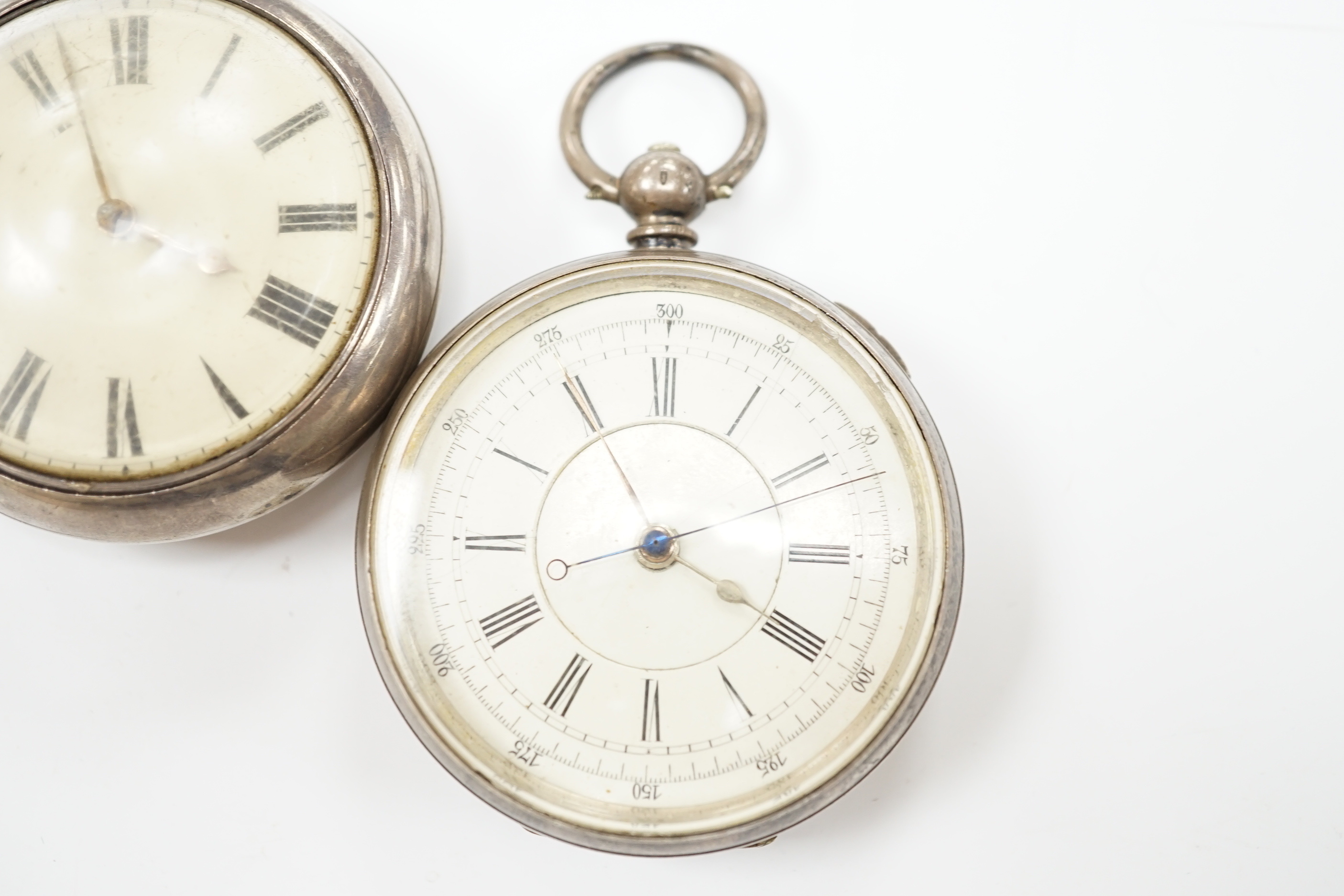 A 19th century silver pair cased open face keywind pocket watch, with Roman dial and a Swiss white metal open face chronograph pocket watch, with Roman dial.